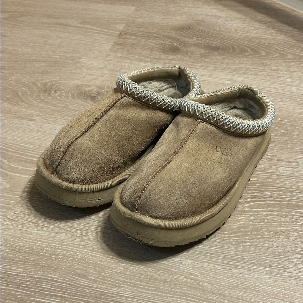 UGG Tazz Chestnut Suede Slip-On Fuax Fur Lined Slippers Sz 5